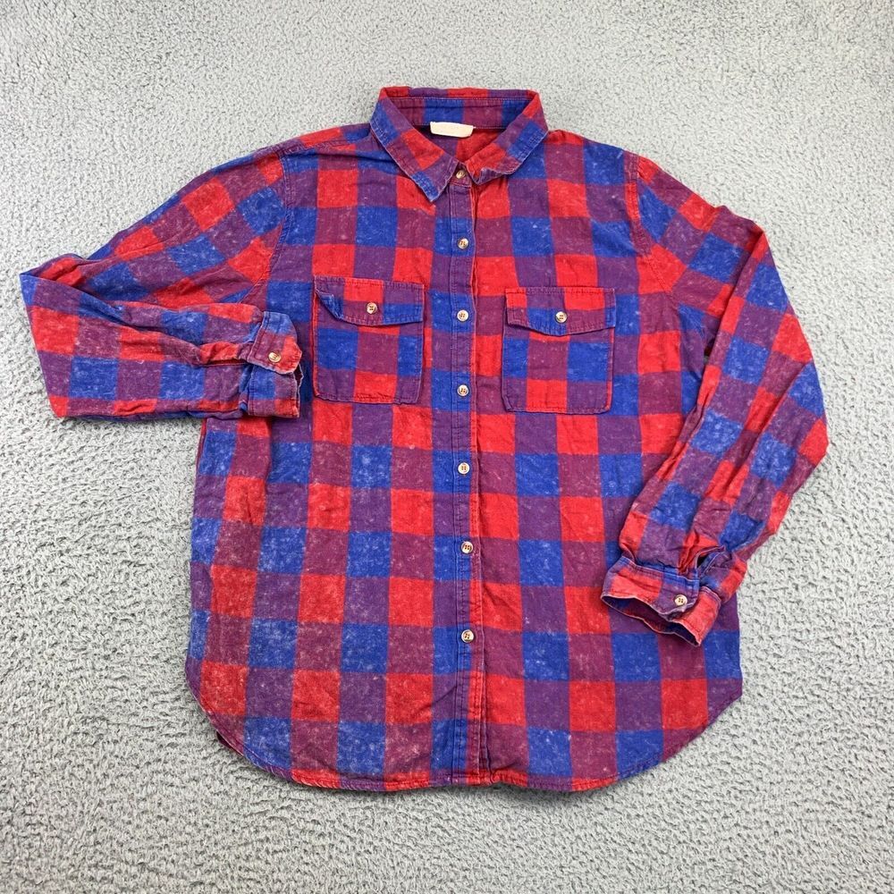 Miss Love Shirt Women's Large Red Blue Check Long‎ Sleeve Button-Up Shirt
